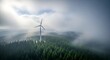 © Northame - Sustainable Energy Future with a single wind turbine rising above a misty pine forest under a cloudy sky, ideal for environmental conservation campaigns and green energy presentations.