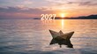 © Blood Group - Paper boat floating on calm sea at sunset with glowing 2027 numbers, new year journey and future aspirations concept