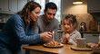 © primipil - Happy family with daughter celebrating birthday with candle on breakfast croissant in kitchen. Concept of single candle, celebration, morning, parents.