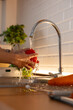 © 220 Selfmade studio - Hands washing  fresh red bell pepper under running tap water in modern kitchen sink. Close-up shot showing water splash, cleaning organic vegetables for healthy food cooking preparation Vertical