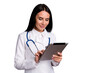© deagreez - Portrait of focused brown hair doctor girl consult patient use tablet search read cardiology information wear white coat uniform stethoscope isolated grey color background