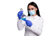 © deagreez - Portrait of concentrated scientist woman work in lab make new vaccine analyze chemical blue liquid hold flask wear white coat mask gloves goggles isolated over grey color background