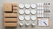 © Abdullah - 'Top-down flat lay on a light grey stone surface: stacked boxes with kraft packaging, a neat grid of white plates, cups, cutlery bundles, and napkin rolls, a clipboard with an order sheet, consistent