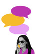 © deagreez - Vertical collage poster young woman smartphone speech communication textbox message phrase cite listen call drawing background