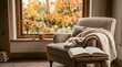 © vectoflarex - Cozy armchair with a soft blanket and an open book by a window overlooking a beautiful autumn forest