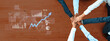 © InfiniteFlow - Engaging business teamwork with diverse individuals uniting hands above a wooden table, complemented by digital graphs illustrating growth and strategic planning. Scalp