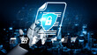 © InfiniteFlow - A robotic hand interacts with a digital secure document symbolizing safety and technology in a modern urban backdrop, showcasing innovation in cybersecurity and information management. Nascent