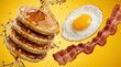 © Viktor - Stack of fluffy pancakes with fried egg, crispy bacon on yellow background. Sweet honey syrup splashes over breakfast meal. Delicious morning food combo with egg yolk, salty meat. Tasty brunch treats