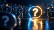 © Ridwan_DigitalGrid - Glowing question mark speech bubble standing out from a crowd of dark question bubbles representing problem solving unique answers and asking for help