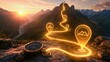 © oksa_studio - Mountain path with a glowing golden trail and compass for a successful navigation adventure goal