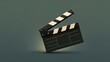 © wilson - Open classic black and white striped movie clapperboard on muted dark green textured background representing film production and cinema entertainment concept