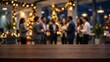 © Tahubulat - A wood table set against a softly blurred office building backdrop, symbolizing a festive corporate holiday environment