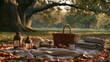 © Trendy Graphics - Cozy autumn picnic with wicker basket, mugs, apples, bread, and blankets on leaves under a large tree