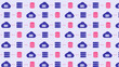 © cutie cat - Cloud server database icon pattern vector illustration. Featuring seamless repeating grid of cloud, server, and database icons in indigo and pink on soft lavender background. Tech vector wallpaper.
