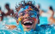© burntime555 - Laughing man enjoying a vibrant festival with colorful face paint, submerged in water, and summer fun