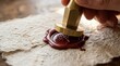 © Lim - Artisan hand presses brass seal into melted red wax on textured paper for traditional document authentication