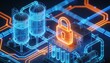 © Igor - Critical infrastructure security concept: isometric water treatment plant in neon blue wireframe, cyber orange padlock glowing at center, circuit pathways, dark navy background, detailed illustration