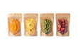 © zimal - Dehydrated fruit snacks in brown kraft paper pouches, assorted dried mango pineapple kiwi and strawberry slices, eco-friendly food packaging isolated PNG with Transparent Background