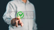 © flyalone - Business man touching virtual screen with ISO standard certification icon, quality management system, compliance, standardization assurance, business process verification, modern technology