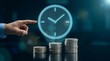 © Yurgentum - A hologram clock hovers above stacked coins with a hand pointing, symbolizing time and finance.