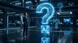 © DataFlow Visuals - Professional woman presenting holographic ai question interface in futuristic office