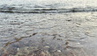 © Gilang - Gentle ocean waves ripple across a shallow rocky shoreline, revealing submerged stones and seaweed beneath clear water while soft natural light creates a peaceful coastal texture.