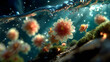 © SMRITI - Dewy flowering branches glowing beneath turquoise bokeh Images