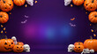 © Stock iT - Halloween Jack O Lantern Pumpkins and Skulls with Bats on Spooky Purple Background with Copy Space for Marketing Banner Design Template.