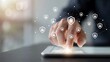 © Mst Rozina Pervin - Hand touching tablet screen with glowing digital security network icons in soft light