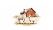 © Oleksandr - Two goats at a country farmâ€”soft watercolor depiction with a classic red barn