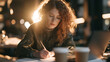 © haemye - Focused female manager writing notes near a laptop and coffee cups under warm golden backlighting, concept for corporate finance, project management and remote work
