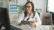 © Krakenimages.com - Woman doctor in white coat with stethoscope and headset writing on a tablet while viewing a computer screen in a clinic building; calm focus.