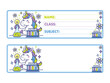 © adtohari - Cute Unicorn School Name Label Template with Science Beakers, Blue Border Vector Illustration
