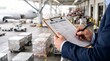 © trash - Professional logistics manager reviewing shipping documents on a busy airport cargo apron for international air freight operations
