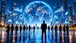 © Abdul - Global Business Leadership Team Looking at Glowing Earth Dashboard Representing Corporate Strategy and Digital Transformation