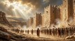 © Viktor - Ancient army approaches massive stone fortress walls under dramatic sky. Biblical soldiers march toward city of Jericho for epic siege battle. Soldiers carry red flags, spears in dusty desert