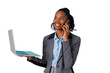 © Komora - Professional business woman multitasking, holding laptop and talking on phone, smiling at work, transparent background