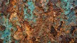 © graphicview35 - Closeup of heavily rusted metal surface with peeling turquoise paint and textured oxidation patterns