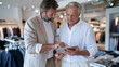 © CinimaticWorks - cheerful shop owner and a mature man discussing an order in a fashion boutique representing small business management and a positive partnership in retail