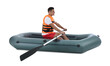 © New Africa - Man in life vest rowing inflatable rubber boat on white background