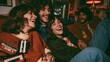 © Vitalii Shkurko - Friends Enjoy Laughter Together in a Retro 1980s Living Room With Warm Lighting and Vintage Decor