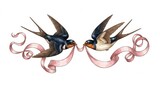 Pair of swallow birds with pink ribbons for wedding stationery concept birds in love swallows