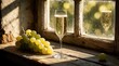 © miss irine - Sparkling champagne in glass flute stands on rustic wooden window sill next to green grapes. Sunlight creates warm shadows on old wood. Fresh bunch of fruit, bubbly wine beverage sit near window