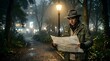 © Beared - Man reading a paper map in a misty park at night by street lamp