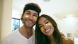 © Bonsales - Happy couple smiling during morning self care routine, wearing hydrating gold under eye patches for skin wellness