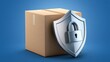 © Honey - Cardboard box guarded by metallic shield with padlock, symbolizing secure delivery and package protection concept