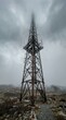 © Atcharasiri - A towering telecommunication tower stands against a moody, cloud-filled sky, its metallic structure silhouetted by fog, creating an atmospheric and slightly ominous scene.