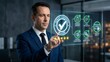 © Haider - Professional businessman touching futuristic digital screen displaying quality assurance and verification process workflow