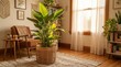 © Maryam - Large leafy houseplant in a woven basket dominating a cozy living room with an armchair, side table, and bookshelf, bathed in warm natural light filtering through sheer window curtains, creating a ser