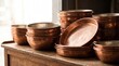 © Luna Scarlet - Hammered copper bowls at market, Handmade metal trays and vessels, Traditional artisan metalwork display, Warm copper craft collection, Textured handcrafted tableware
